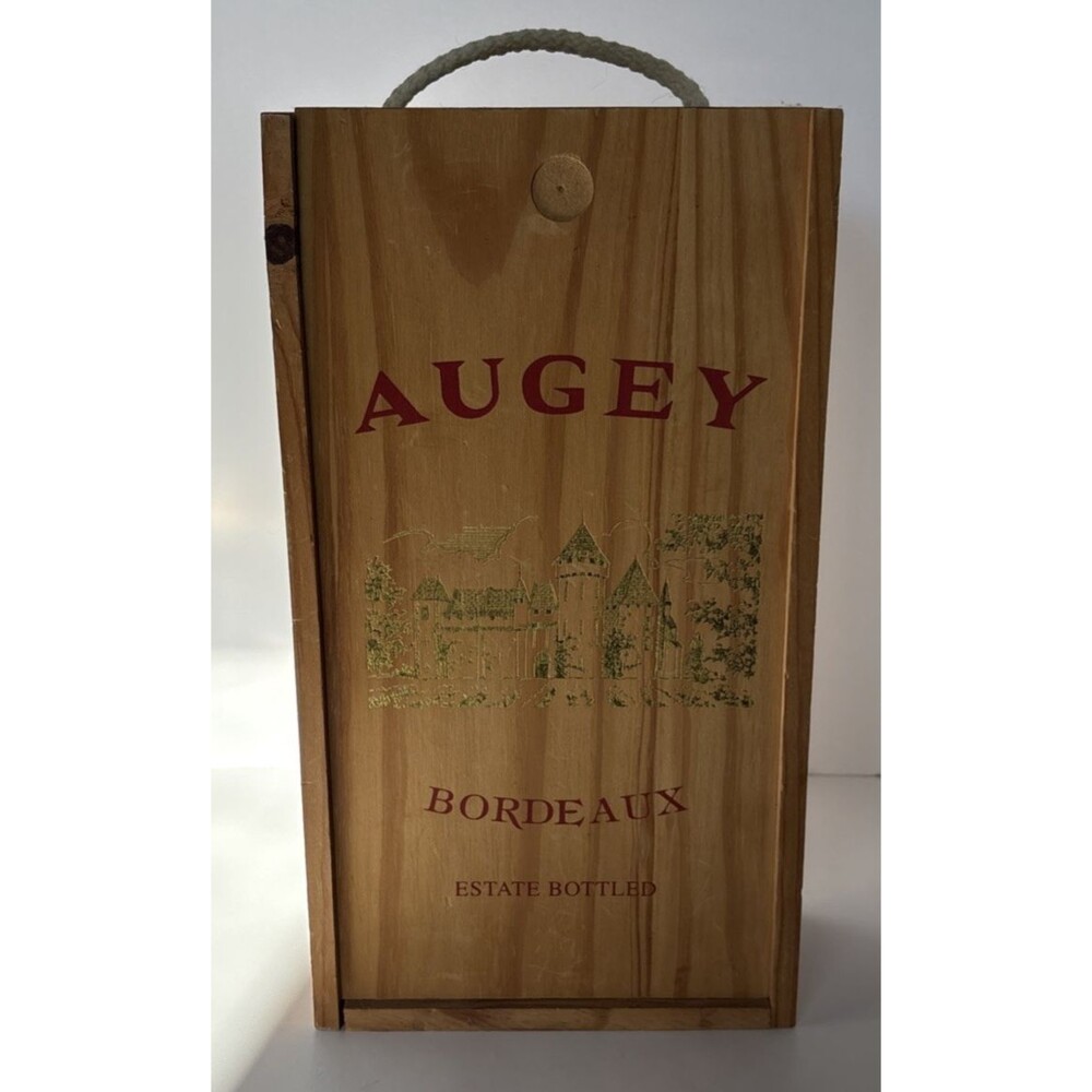Vintage Wooden Augey Bordeaux Wine Box with Rope Handle & Sliding Cover